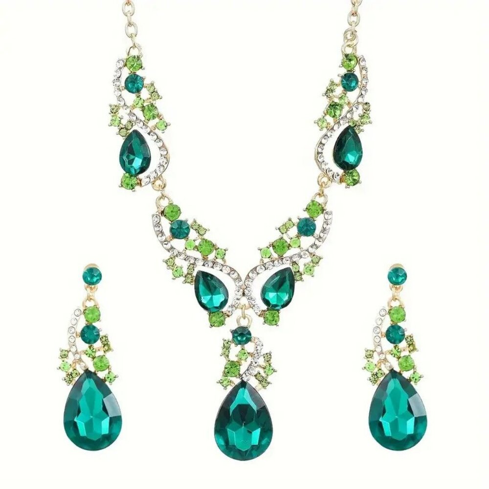 Green Necklace Earrings Set Crystal Rhinestone Statement Wedding Bridal Jewelry